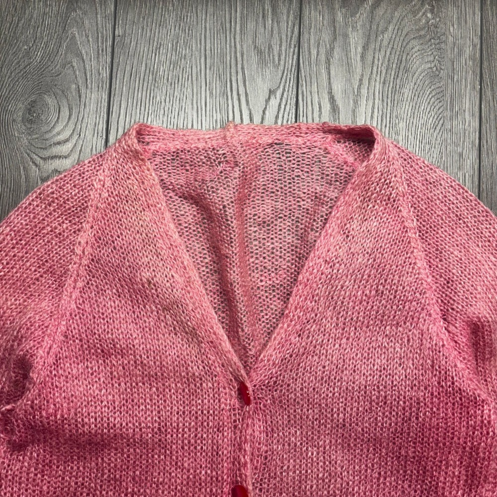 Vintage Pink Mohair Blend Open Knit Cardigan Sweater V-Neck Raglan Pink Marl - Picture 2 of 10